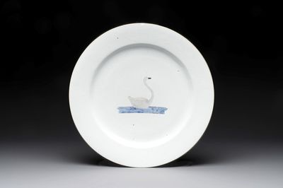 A rare Chinese export blue-and-white-enamelled 'swan' dish, Qianlong