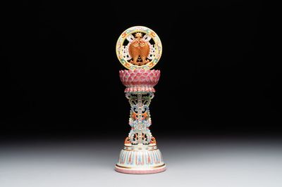 A rare Chinese famille rose Buddhist emblem altar ornament, Qianlong mark and of the period
