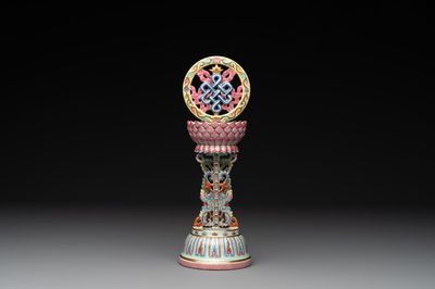 A rare Chinese famille rose Buddhist emblem altar ornament, Qianlong mark and of the period