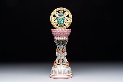 A rare Chinese famille rose Buddhist emblem altar ornament, Qianlong mark and of the period