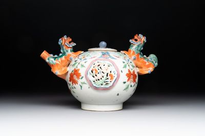 A rare Chinese famille rose double-walled 'Buddhist lions' teapot and cover, Qianlong