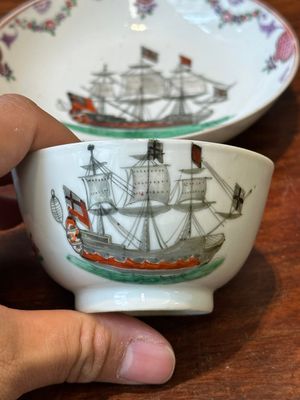 A rare Chinese famille rose 'European merchant ship' cup and saucer, Qianlong — photo 2