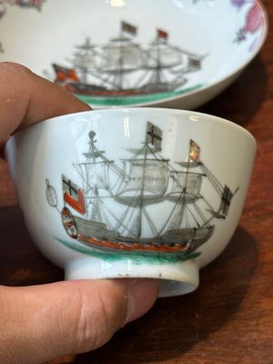 A rare Chinese famille rose 'European merchant ship' cup and saucer, Qianlong — photo 4