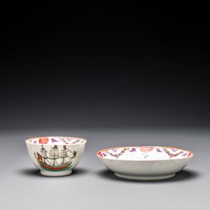 A rare Chinese famille rose 'European merchant ship' cup and saucer, Qianlong — photo 2
