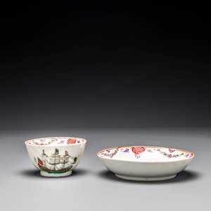 A rare Chinese famille rose 'European merchant ship' cup and saucer, Qianlong — photo 3