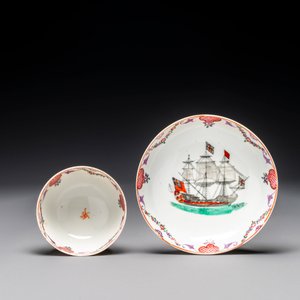 A rare Chinese famille rose 'European merchant ship' cup and saucer, Qianlong — photo 4