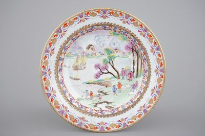 A rare Chinese famille rose export porcelain plate with a harbour view by the seaside, 18th C.