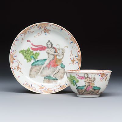 A rare Chinese famille rose export tea bowl and saucer with 'Apollo Playing the Lyre', Qianlong, ca. 1750