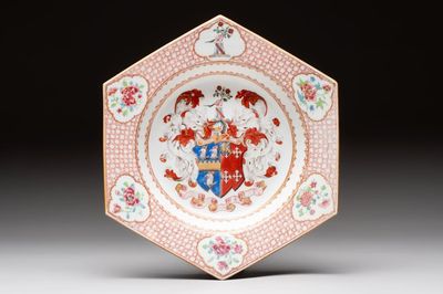 A rare Chinese famille rose hexagonal armorial soup plate with the arms of Jephson impaling Chase, Yongzheng, ca. 1735