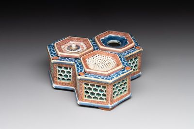 A rare Chinese famille rose reticulated hexagonal inkwell, Qianlong