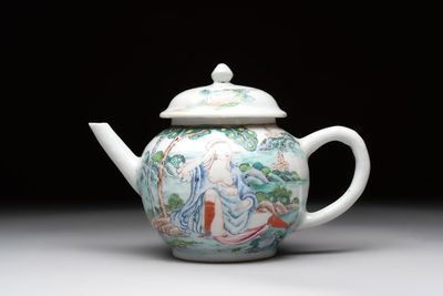 A rare Chinese famille rose teapot with an erotic depiction of a European lady, Yongzheng