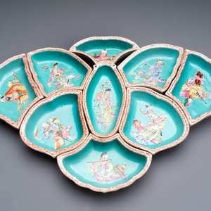 A rare Chinese famille rose turquoise-ground nine-piece 'butterfly' sweetmeat set with immortals, Guangxu mark and of the period — photo 1