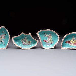 A rare Chinese famille rose turquoise-ground nine-piece 'butterfly' sweetmeat set with immortals, Guangxu mark and of the period — photo 6
