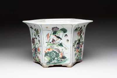 A rare Chinese famille verte hexagonal jardinière with birds among flowering branches, double Fu mark, Kangxi