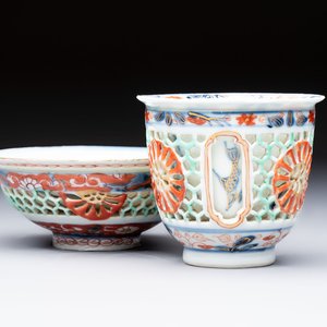 A rare Chinese famille verte reticulated double-walled cup and saucer, artemisia leaf mark, Kangxi — photo 1