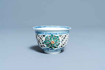 A rare Chinese famille verte reticulated double-walled cup, Kangxi