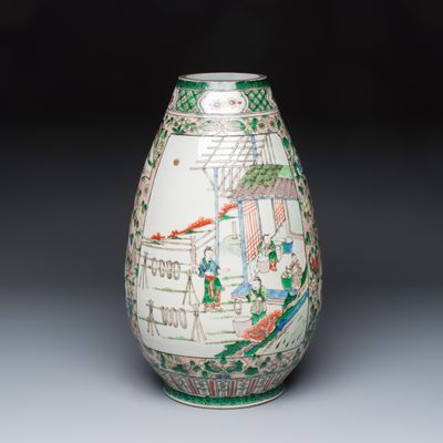 A rare Chinese famille verte 'Silk Production' ovoid vase, Kangxi mark, 19th C.