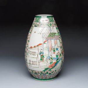 A rare Chinese famille verte 'Silk Production' ovoid vase — photo 1