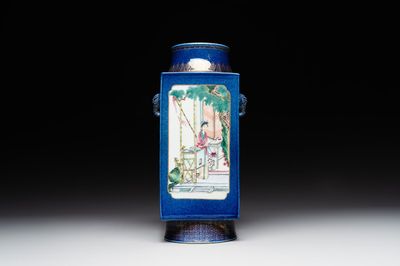 A rare Chinese gilt-decorated powder-blue-ground famille rose 'cong' vase, Yongzheng mark, 20th C.