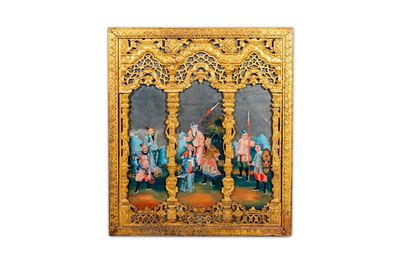 A rare Chinese gilt wood and reverse glass painted mirror, 2nd half 18th C.