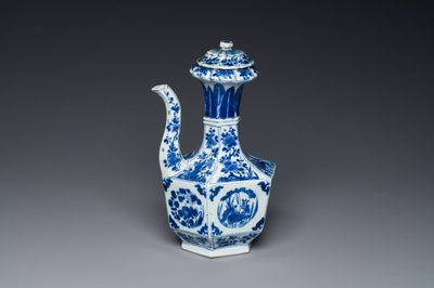 A rare Chinese hexagonal blue and white kendi and cover, Kangxi