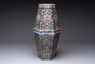 A rare Chinese hexagonal copper-red, blue and white brown-ground vase, 19th C.