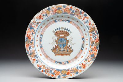 A rare Chinese Imari-style armorial dish with the arms of Ferrand for the French market, Kangxi, ca. 1715