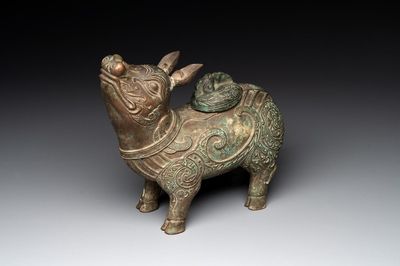 A rare Chinese inscribed bronze tapir-form vessel and cover, 'xizun 犧尊', late Ming/early Qing