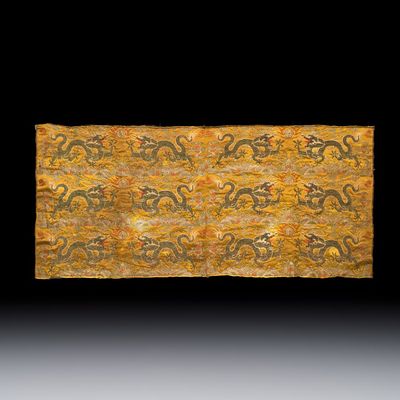 A rare Chinese peacock-feather brocade 'Dragons amid Clouds and Waves' panel, Ming