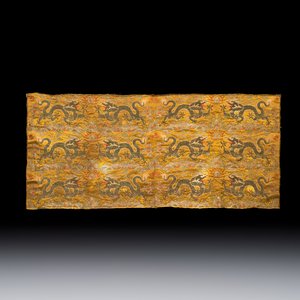 A rare Chinese peacock-feather brocade 'Dragons amid Clouds and Waves' panel — photo 1