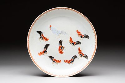 A rare Chinese polychrome enamelled 'roosters' dish, Qianlong