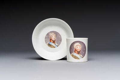 A rare Chinese 'Portrait' cup and saucer, Hervouët collection, 18/19th C.