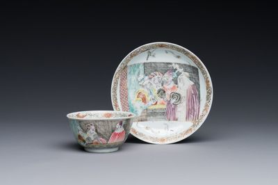 A rare Chinese rose-grisaille cup and saucer after 'Actors of the Comédie-Francaise' by Watteau, Yongzheng/Qianlong