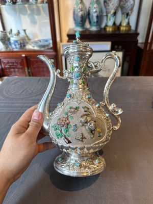 A rare Chinese silver, enamel and hardstone coffee set with matching tray, 20th C. — photo 8