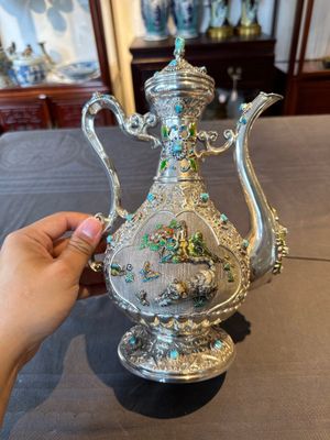 A rare Chinese silver, enamel and hardstone coffee set with matching tray, 20th C. — photo 9