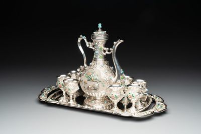 A rare Chinese silver, enamel and hardstone coffee set with matching tray, 20th C.