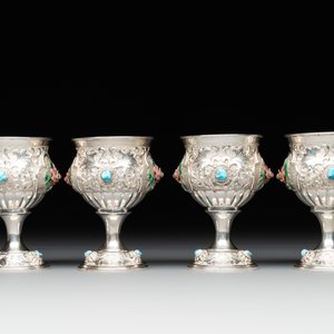A rare Chinese silver, enamel and hardstone coffee set with matching tray, 20th C. — photo 14