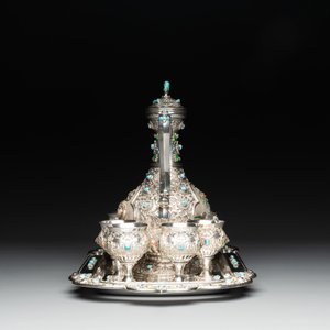 A rare Chinese silver, enamel and hardstone coffee set with matching tray, 20th C. — photo 3