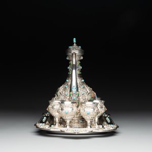 A rare Chinese silver, enamel and hardstone coffee set with matching tray, 20th C. — photo 5