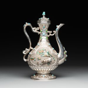 A rare Chinese silver, enamel and hardstone coffee set with matching tray, 20th C. — photo 6