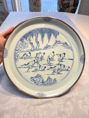 A rare Chinese silver-mounted blue and white 'Eight Horses of Mu Wang' dish, Kangxi — photo 1