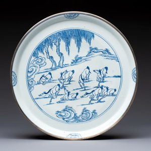 A rare Chinese silver-mounted blue and white 'Eight Horses of Mu Wang' dish, Kangxi — photo 1