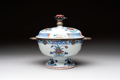 A rare Chinese silver-mounted doucai bowl and cover, Kangxi/Yongzheng