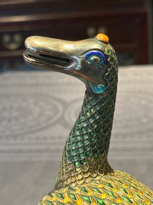 A rare Chinese turquoise and red coral inlaid silver enamelled duck-shaped censer and cover, 19/20th C. — photo 5