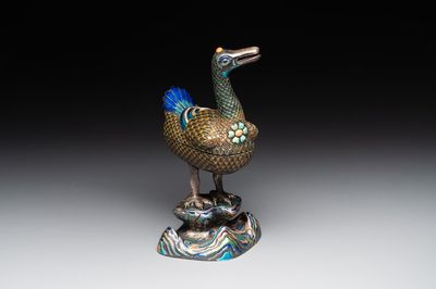 A rare Chinese turquoise and red coral inlaid silver enamelled duck-shaped censer and cover, 19/20th C.