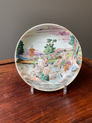 A rare Dutch-decorated Chinese eggshell 'Diana and Actaeon' plate with Dutch inscription on the back, Yongzheng — photo 1