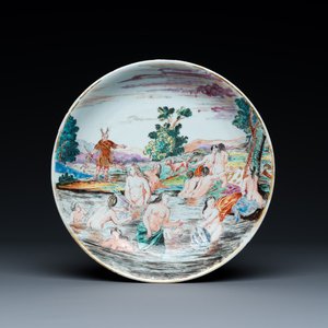 A rare Dutch-decorated Chinese eggshell 'Diana and Actaeon' plate with Dutch inscription on the back, Yongzheng — photo 1