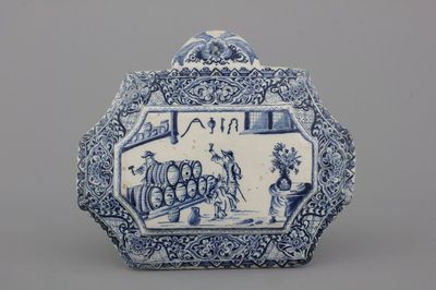 A rare Dutch Delft blue and white plaque of a wine tasting, 18th C.