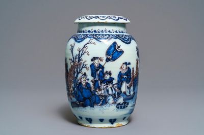 A rare Dutch Delft blue, white and manganese chinoiserie jar and cover, last quarter 17th C.