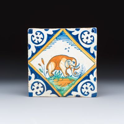A rare Dutch Delft maiolica 'diamond' tile with an elephant, ca. 1600